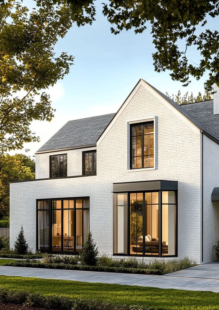 Modern white brick house with large windows, lush greenery, and concrete walkway under a clear blue sky.