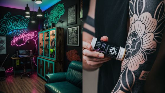 Tattoo studio with neon lights and person applying aftercare product to floral arm tattoo design.