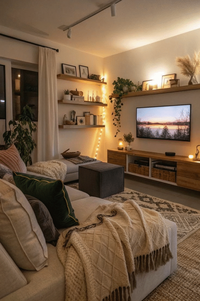 Cozy living room with warm lighting, shelves, plants, TV, and comfy sofa covered with blankets in rustic decor.