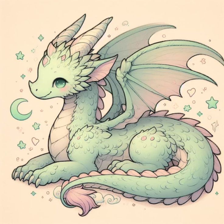 Cute pastel dragon with wings surrounded by stars and a crescent moon, drawn in a soft, whimsical style.