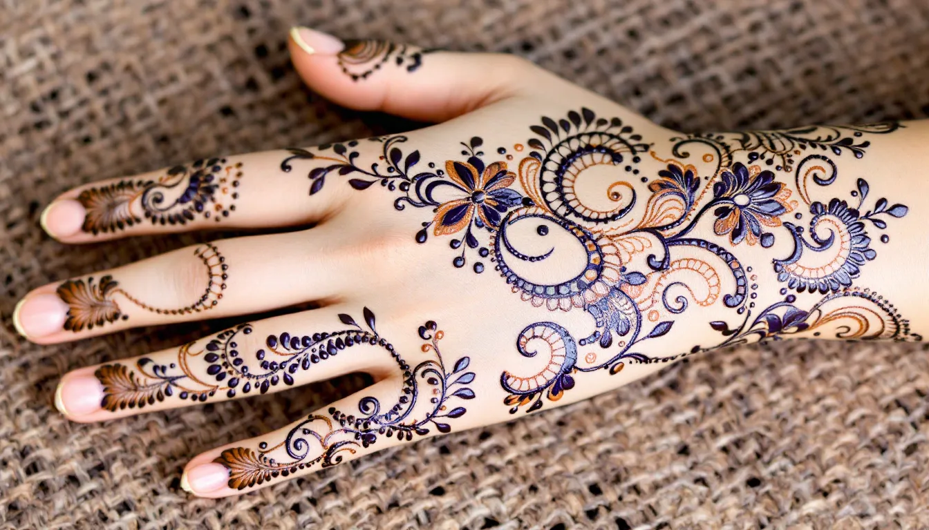 Henna designs applied on a person's hand.