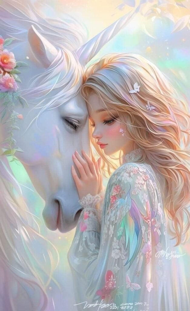 A serene girl gently rests her forehead against a unicorn, surrounded by soft pastel colors and delicate floral details.