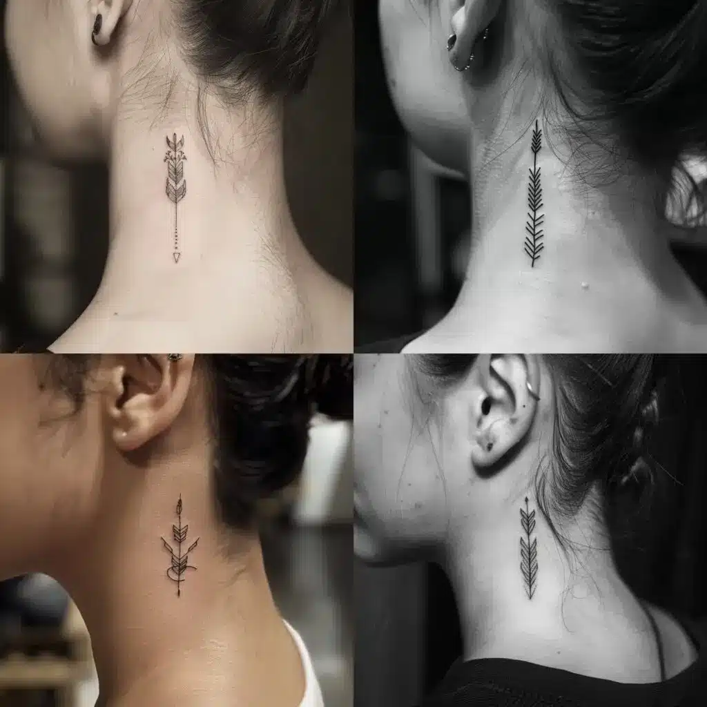Four neck tattoos featuring minimalist arrow designs on individuals.
