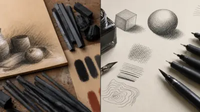 Split image of drawing tools: charcoal sticks and smudges on the left, ink nibs, bottle and geometric sketches on the right.