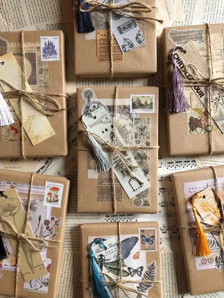 blind date with a book🕯️ Vintage style gifts wrapped in brown paper with twine, adorned with retro tags, stamps, and tassels on sheet music background. | Sky Rye Design Vintage style gifts wrapped in brown paper with twine, adorned with retro tags, stamps, and tassels on sheet music background.