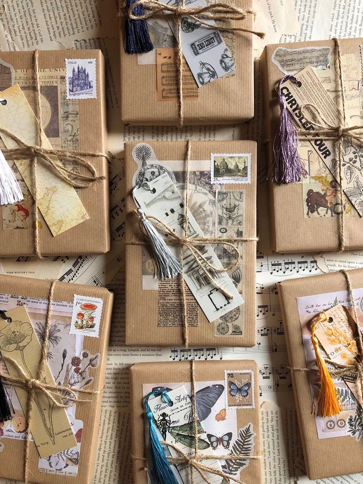 Vintage style gifts wrapped in brown paper with twine, adorned with retro tags, stamps, and tassels on sheet music background.