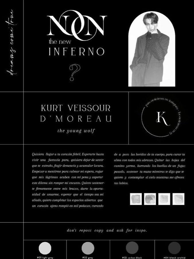 Monochrome graphic displaying NON the new INFERNO with stylish design elements, grayscale tones, and a person in a suit.