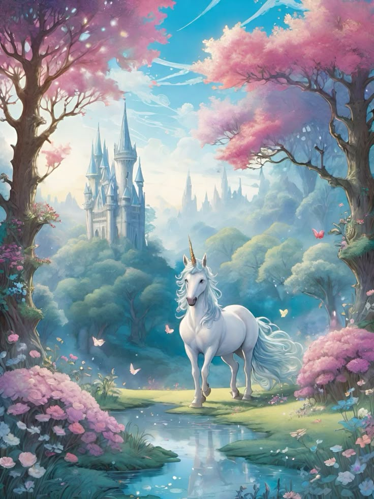 Enchanting unicorn in a magical forest near a fairytale castle, surrounded by pink blossoms and a serene stream.