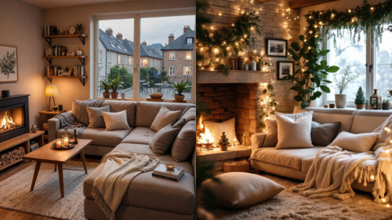 Cozy living room with plush sofas, lit fireplace, warm lighting, and festive holiday decor.