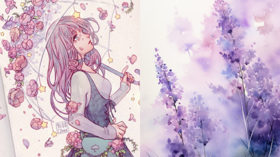 Anime girl with umbrella and flowers; watercolor lavender field. Dreamy and colorful artistic illustration.