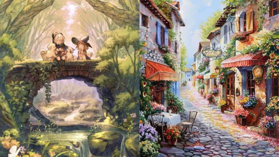 Fantasy forest bridge with characters; quaint European street with colorful cafes and flowers. Enchanting and picturesque.