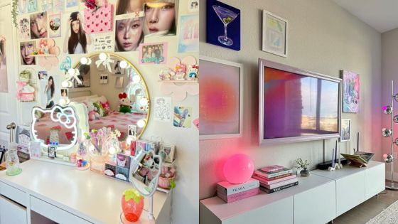 Kawaii-themed room with decorated vanity mirror and cozy living area featuring colorful wall art and modern decor.