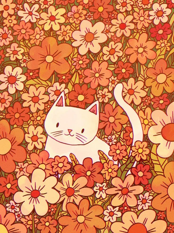 Illustration of a cute white cat in a vibrant field of orange and yellow flowers.