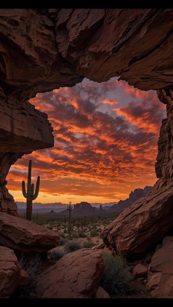 Stunning desert sunset with cacti viewed through rock formation, vibrant orange clouds filling the sky.