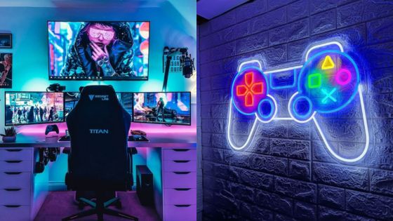 Dual-screen gaming setup with neon controller sign on wall, featuring LED lights and ergonomic chair for immersive experience.