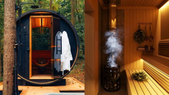 Rustic outdoor and indoor saunas with wooden interiors in a forest setting, showcasing relaxation and nature-inspired design.