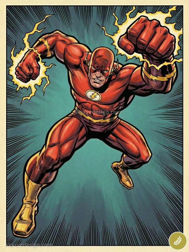 Retro comic art of The Flash-style red speedster with yellow lightning, charging forward in dynamic action pose