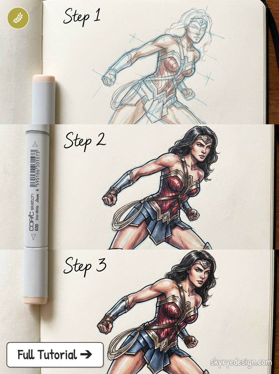 Wonder Woman sketch-to-finished drawing tutorial in a sketchbook showing pencil, marker, and colored stages