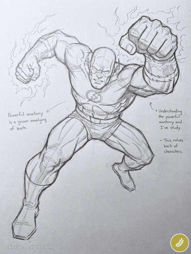 Dynamic pencil sketch anatomy study of a muscular superhero in action with lightning-bolt emblem and crackling energy
