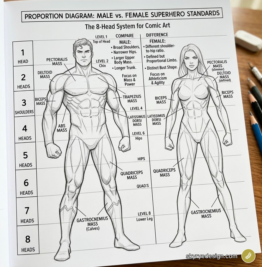 8-head proportion diagram comparing male vs female superhero anatomy for comic art, with labeled muscle masses