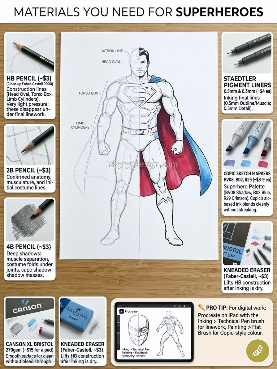 Superhero drawing materials guide: HB/2B/4B pencils, pigment liners, Copic markers, kneaded eraser, Bristol paper, tablet
