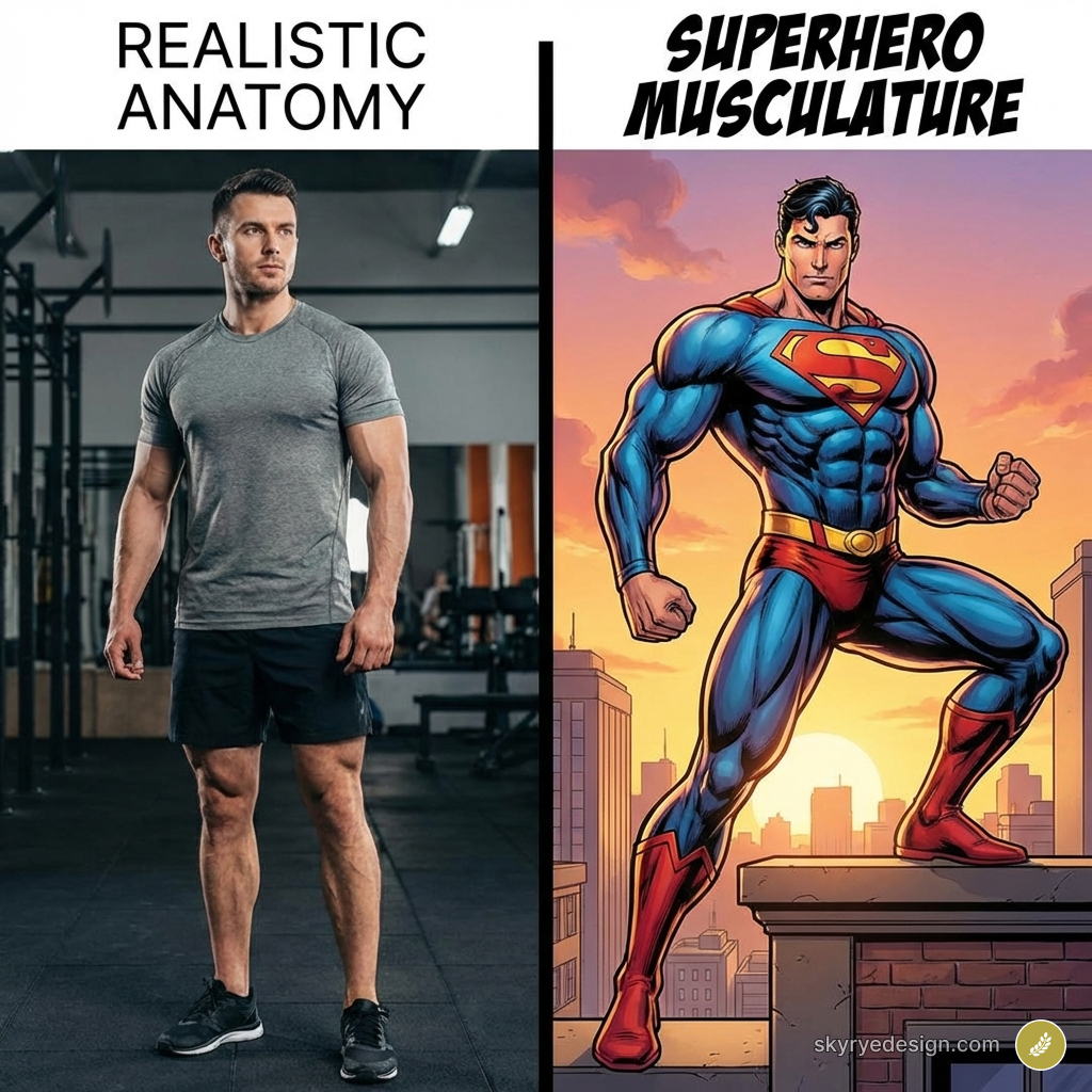Side-by-side: realistic male gym physique vs exaggerated comic superhero musculature illustration