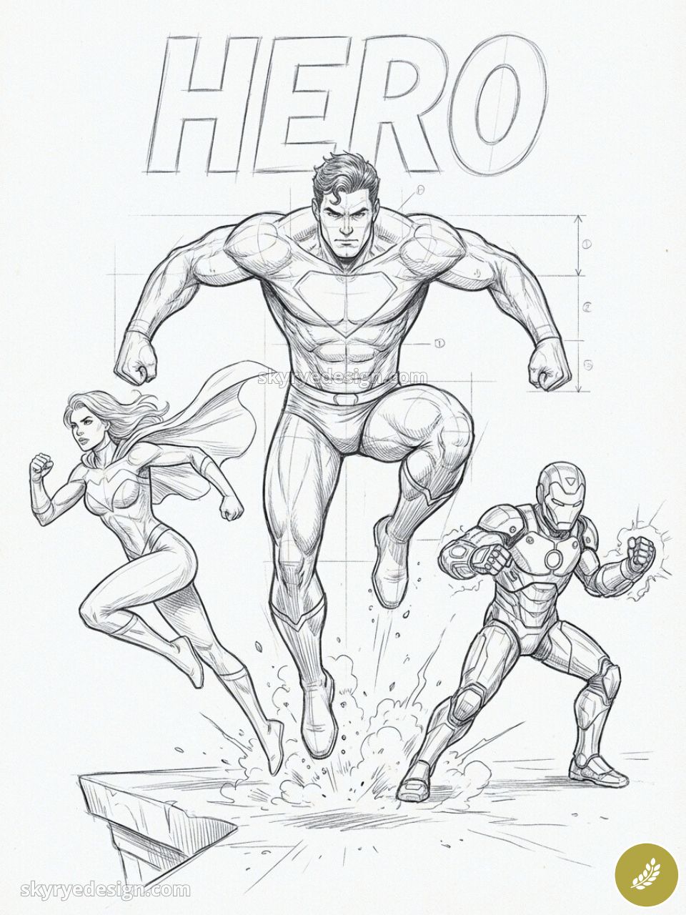 Pencil sketch of three superheroes with HERO title: central jumping male, flying female left, armored hero right