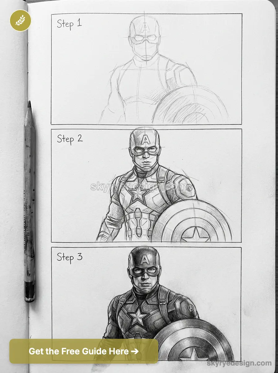 Pencil step-by-step Captain America sketch tutorial showing three stages with shield on sketchbook page