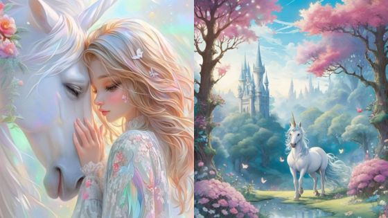 Fantasy scene with a woman and unicorn in an enchanted forest, castle in the background. Whimsical, magical atmosphere.