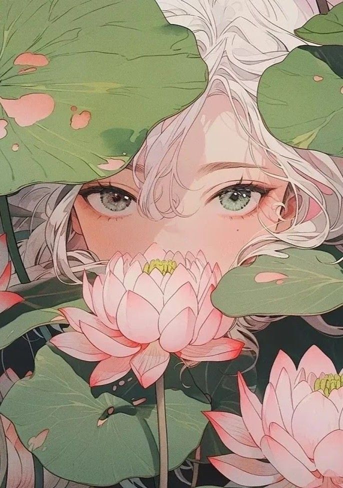 Illustrated girl peeks through lotus flowers and leaves, showcasing a blend of fantasy and nature.