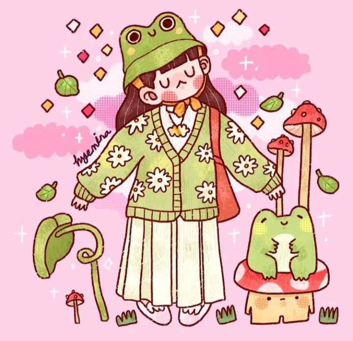 Cute girl in frog hat and floral sweater, surrounded by mushrooms and leaves on a pink background.