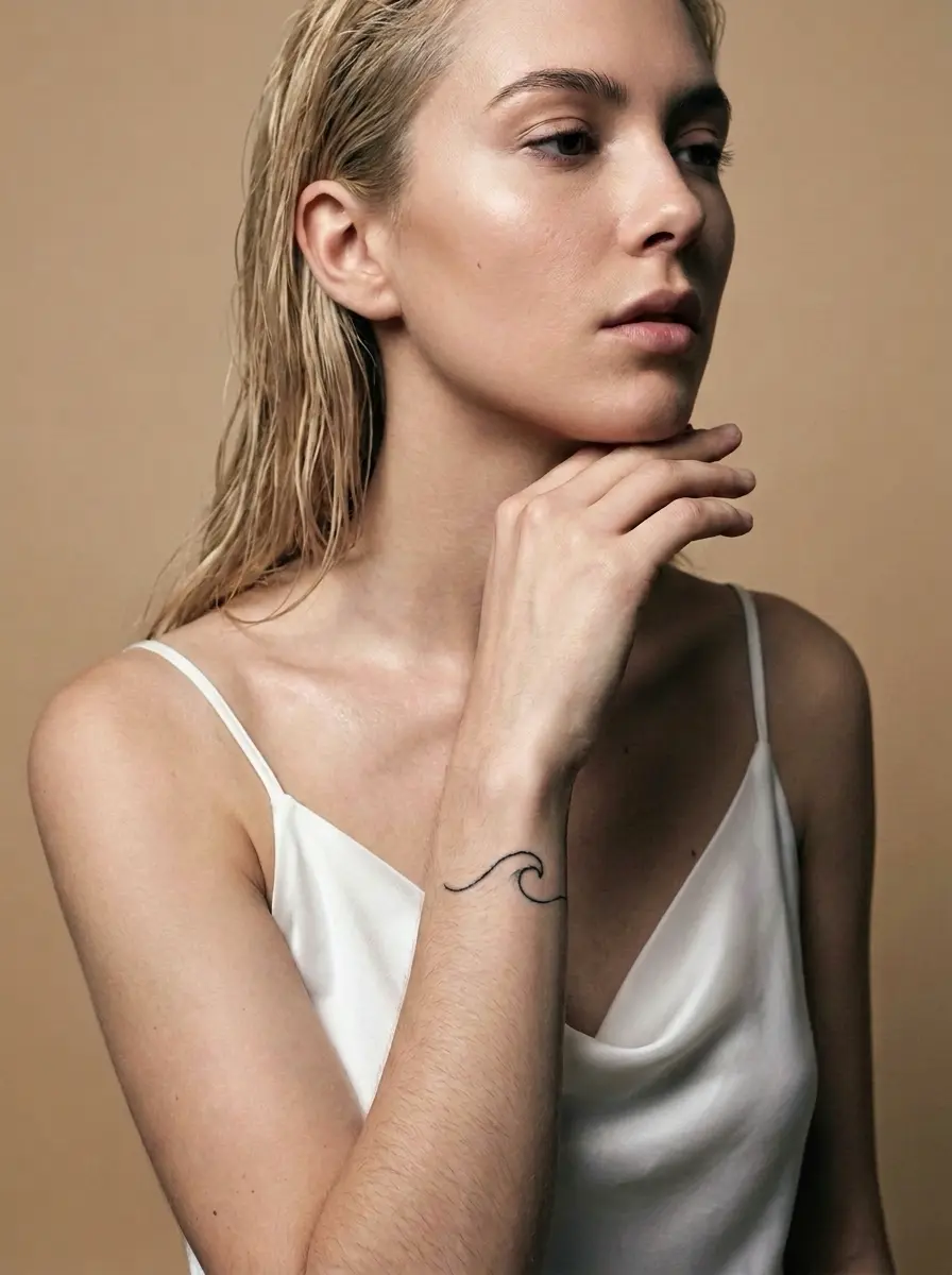 Woman_with_wave_tattoo_202607141623 Close-up beauty portrait of woman in white silk camisole with minimalist wave wrist tattoo and dewy skin on beige background | Sky Rye Design Close-up beauty portrait of woman in white silk camisole with minimalist wave wrist tattoo and dewy skin on beige background