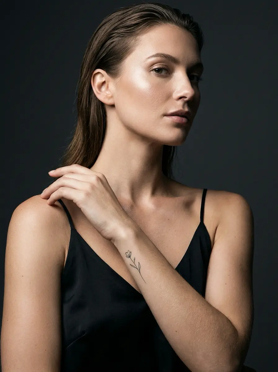 Model_with_arm_tattoo_202607141736 Elegant beauty portrait of young woman in black camisole with minimal floral wrist tattoo against dark background | Sky Rye Design Elegant beauty portrait of young woman in black camisole with minimal floral wrist tattoo against dark background