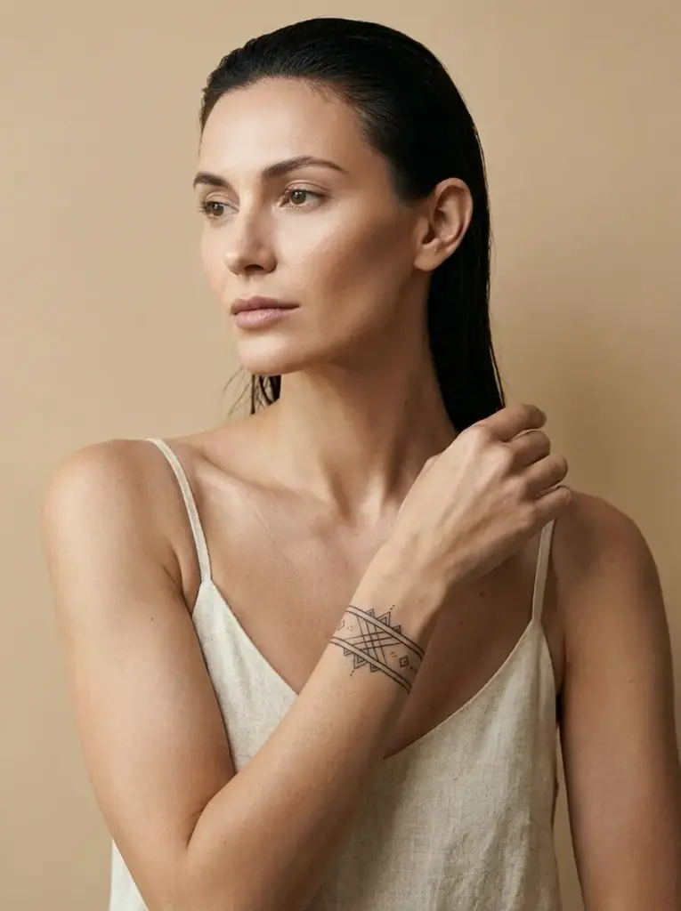 Model_with_tribal_bracelet_tattoo_202607141746 Minimalist geometric wrist tattoo on model wearing linen cami, natural makeup and wet hair on beige background | Sky Rye Design Minimalist geometric wrist tattoo on model wearing linen cami, natural makeup and wet hair on beige background