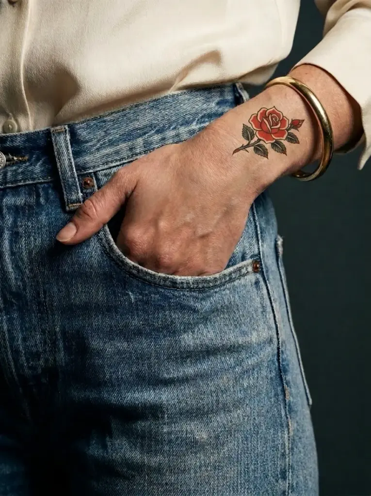 Womans_hand_in_jeans_202607141902 Red rose wrist tattoo on hand tucked into denim jeans pocket, gold bangle and cream blouse | Sky Rye Design Red rose wrist tattoo on hand tucked into denim jeans pocket, gold bangle and cream blouse
