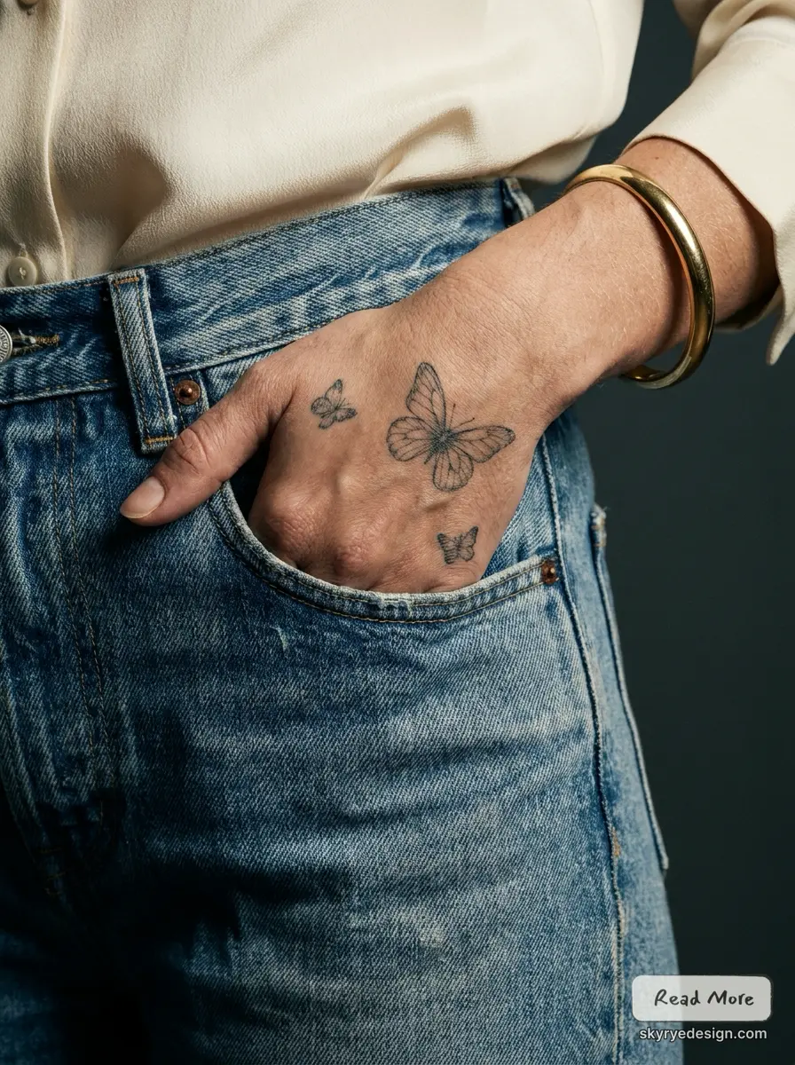 Womans_hand_in_jeans_202607141516 Close-up: hand in denim pocket with butterfly hand tattoos, gold bangle and cream blouse | Sky Rye Design Close-up: hand in denim pocket with butterfly hand tattoos, gold bangle and cream blouse