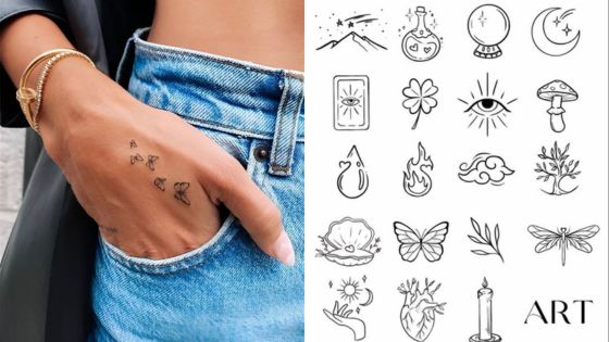 Close-up of hand with small tattoos and jeans pocket, next to mystical tattoo designs including symbols and nature elements.