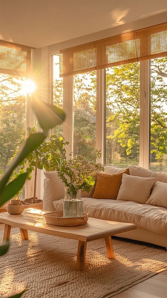 Cozy living room with sunlight filtering through large windows, featuring a beige sofa and wooden coffee table.