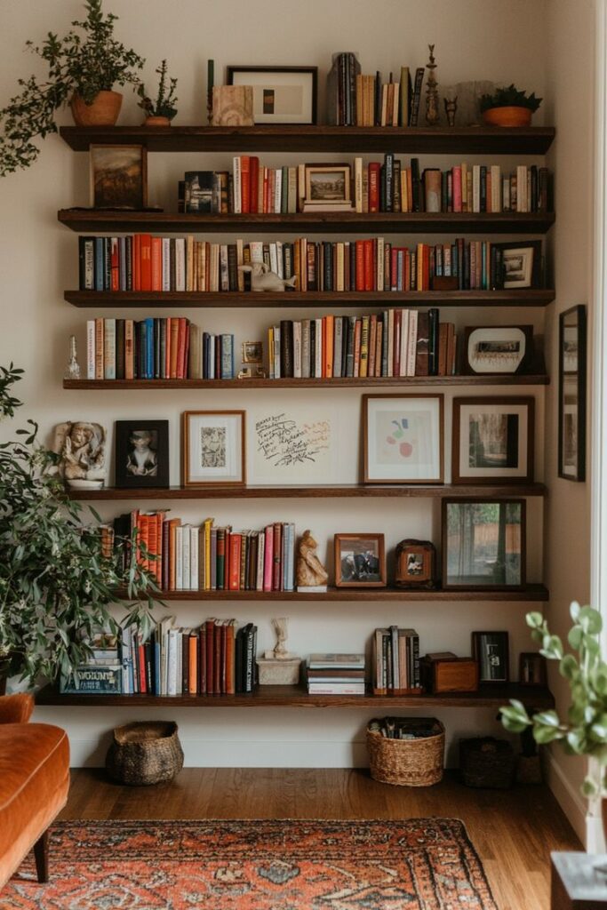 Cozy living room with bookshelves, plants, and framed art on a warm-toned rug.