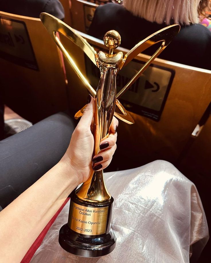 Person holding a golden award trophy in an auditorium seat.