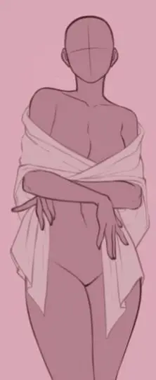 Minimalist sketch of a faceless figure in a draped cloth, set against a pink background.