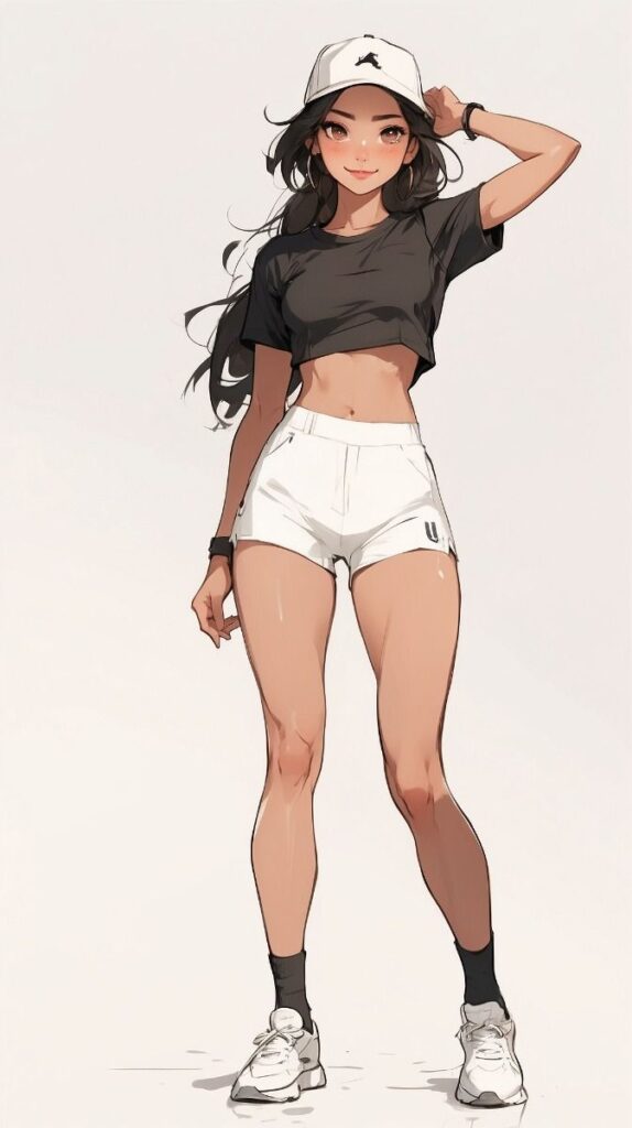 Anime girl in sporty outfit with black crop top, white shorts, and cap standing confidently on a plain background.