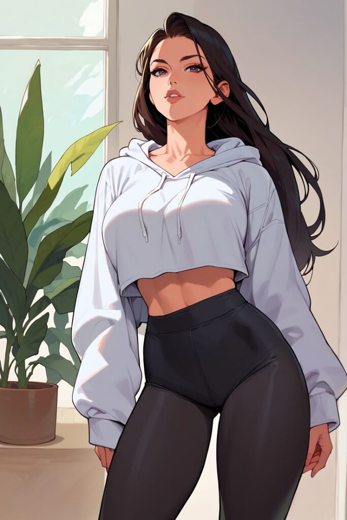 Anime girl in a white cropped hoodie and black leggings standing by a window with a plant in the background.