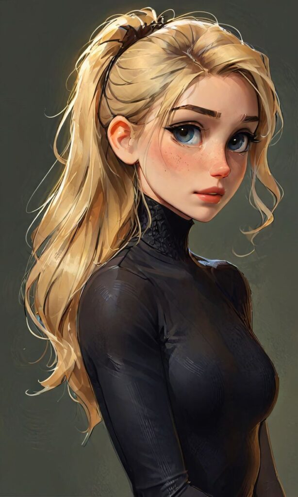 Illustration of a blonde woman with a ponytail in a black outfit, highlighting expressive eyes and a thoughtful expression.