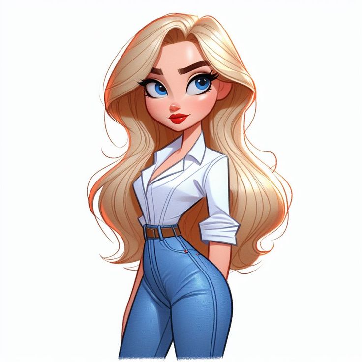 Cartoon woman with long blonde hair, white shirt, and jeans, posing confidently against a neutral background.