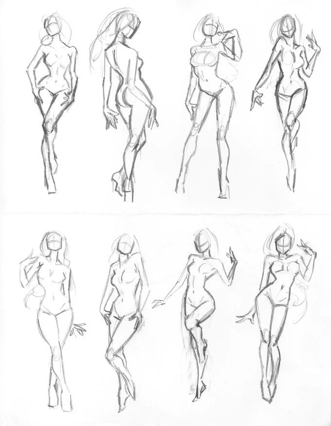 Figure sketch practice showing female poses, highlighting anatomy and proportions in pencil drawings.