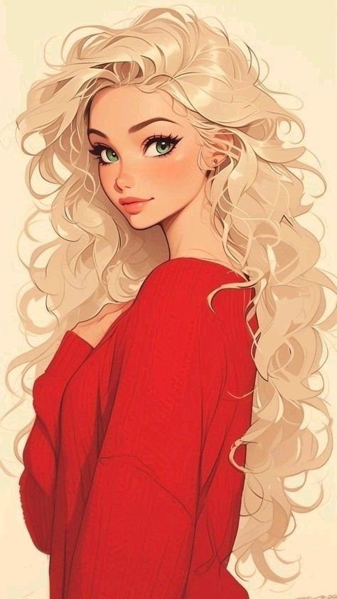 Aesthetic illustration of a woman with long blonde hair and a red sweater, gazing sideways with a serene expression.