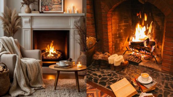 Cozy living room with a crackling fireplace, blanket, and warm drinks, creating a perfect winter retreat ambiance.