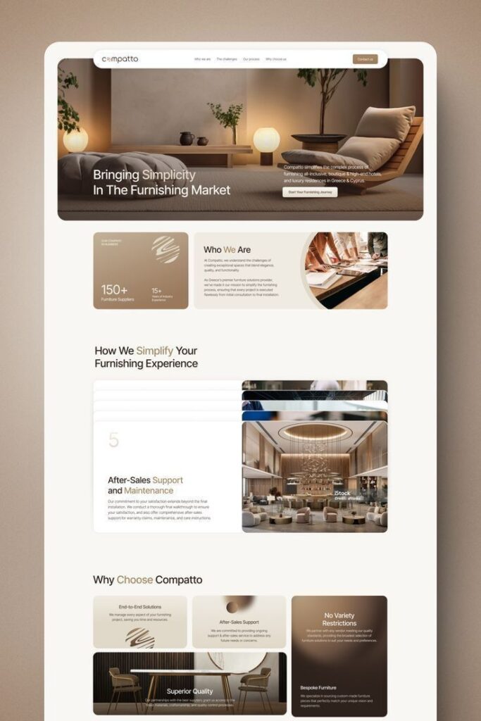 Modern furniture website design showcasing simplicity and after-sales support services.