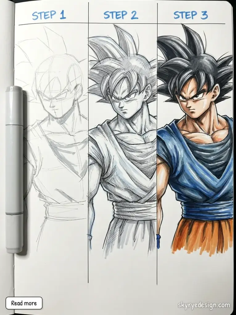 Goku drawing tutorial showing three stages: pencil sketch, inked shading, and full-color marker illustration on sketchbook page.